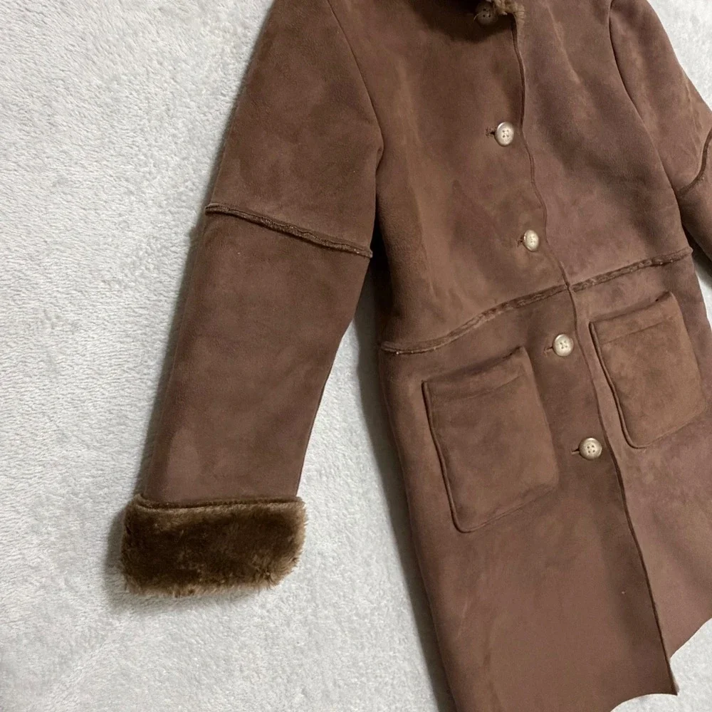 GAP Faux Shearling Hooded Coat Kids Size M 7-8 Brown Winter Jacket Faux Suede
